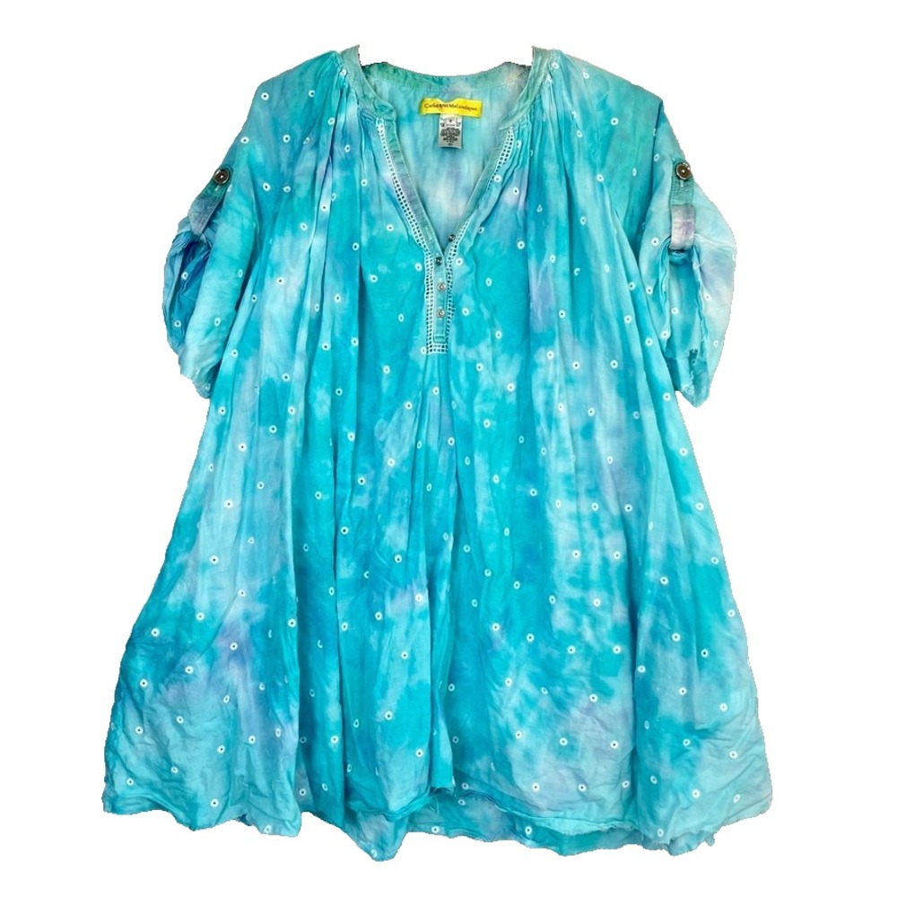 Catherine Malandrino Tie Dye Blue Eyelet‎ Peasant Top Sz 8 Whimsical Cotton Silk